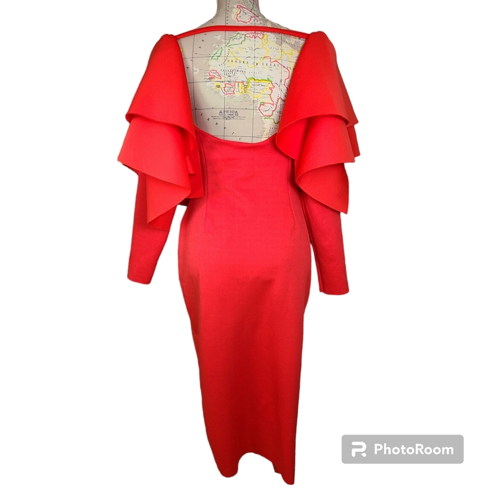 ASOS DESIGN Size 10 Red Orange Dramatic Ruffled Sleeves Open Back Midi Dress NWT - Picture 2 of 11